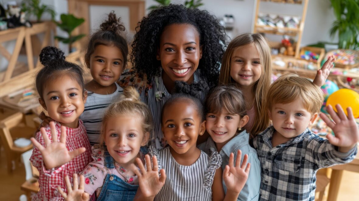 students with teachers smiling