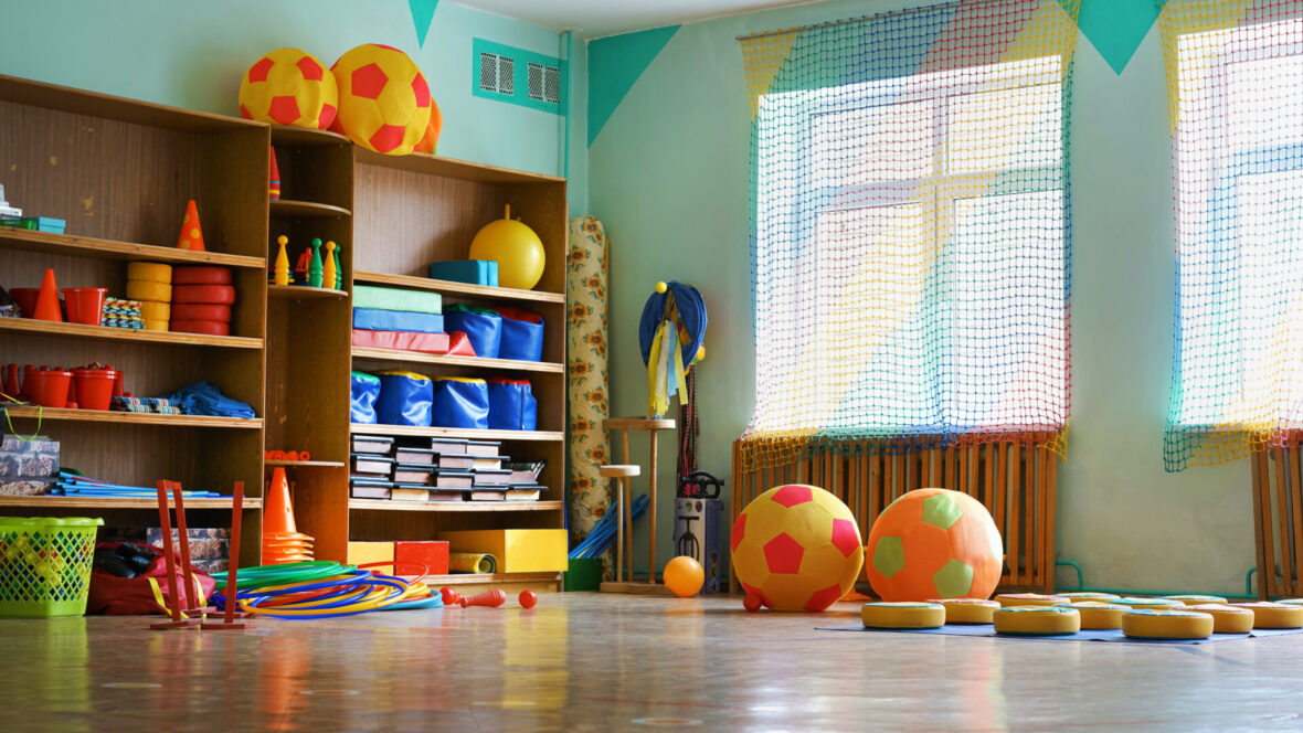 Empty children class room with sport equipment fot fitness activity.